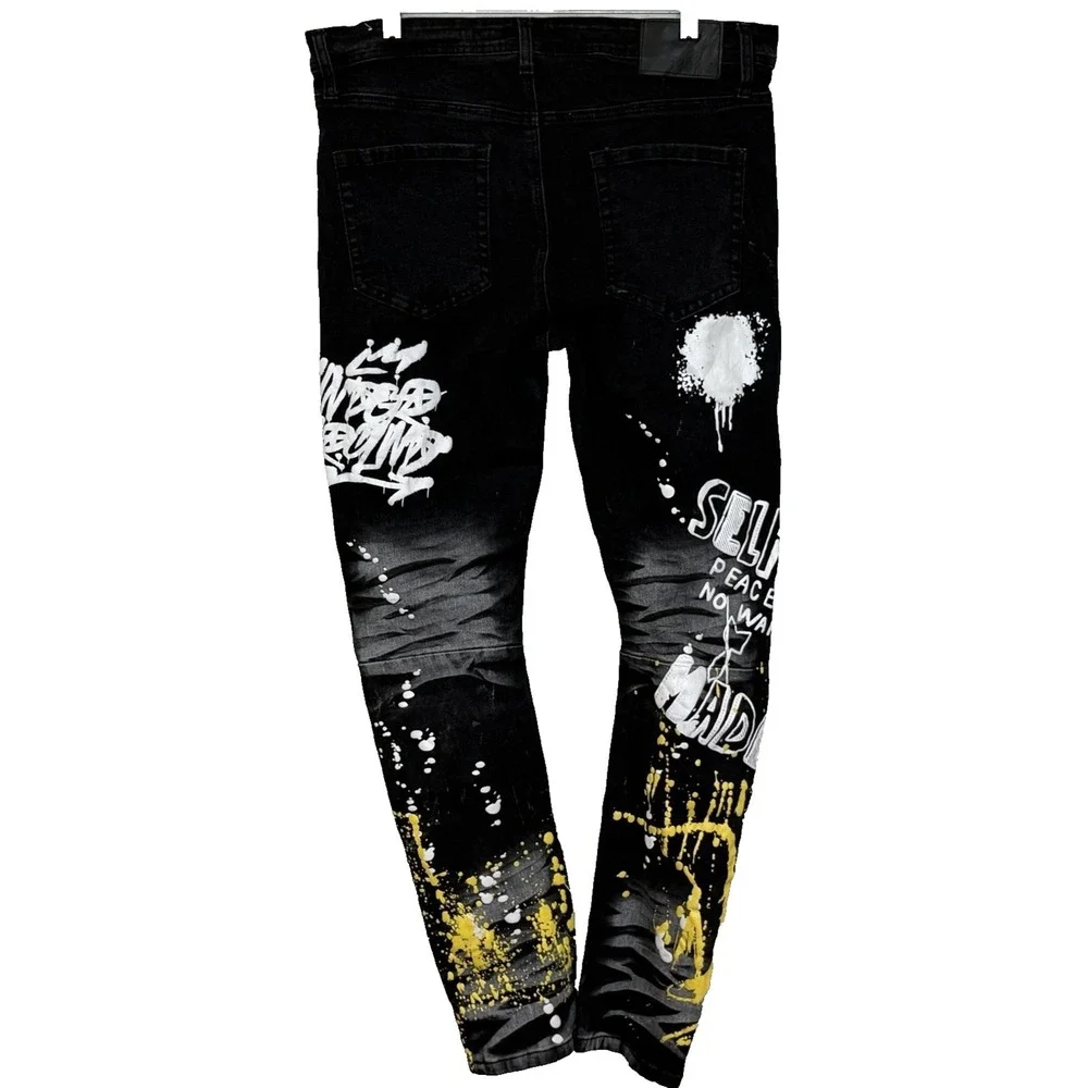RUE 21 Premium Jeans Mens 34x32 Black Graffiti Skinny Streetwear Grunge Patch